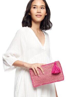 MAR Y SOL Hand Woven Raffia ELLIE Pouch Cosmetic Case Clutch In Magenta